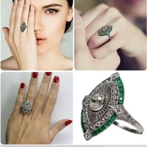 Vintage  Jewelry 925 Stamp Fill White & Green AAA Cubic Zirconia CZ Princess Cut